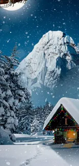 Magical winter scene with Santa over snowy cabin and mountains.