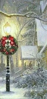 Snowy church scene with festive wreaths and glowing streetlights.