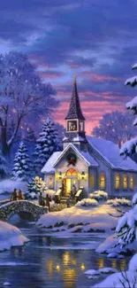 Snowy church scene with glowing lights and a serene winter landscape.