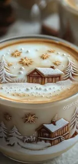 Cup with winter-themed coffee art showing a snowy scene and cabin.