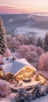 A snowy cottage amidst frosted pink trees at sunset.