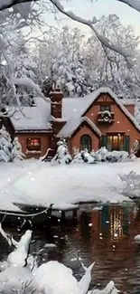 Snow-covered cottage by a peaceful stream.