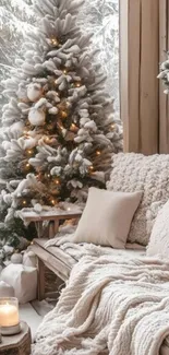 Cozy winter scene with snowy tree and candles.