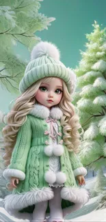 Cute doll in a snowy forest wearing a mint green coat and hat.