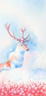 Watercolor deer with snowflakes on a wintry blue and pink background.