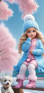 A doll and puppy in a pink snowy setting on a bench.