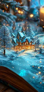 Fantasy winter scene with a miniature snowy house and glowing candlelight.