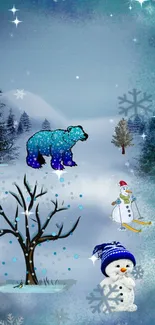 Winter fantasy wallpaper with bear, snowman, and snowy landscape.