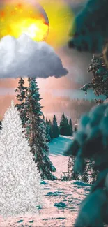 Surreal winter landscape with sun, clouds, and snowy forest.