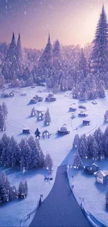 Magical snowy village under a purple sky.