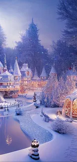 Enchanting winter village with icy paths and snow-capped houses at night.