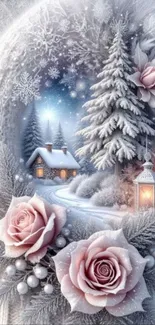 Winter scene with roses and snowy trees.