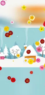 Winter scene with flowers and snow-covered cottage, colorful design.