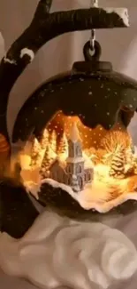 Snow globe with winter village lighted inside.