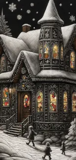 Gothic house with snow and stained glass windows at night.