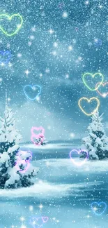 Winter landscape with neon hearts and snow-covered trees.