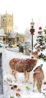 Winter holiday scene with deer and snow.