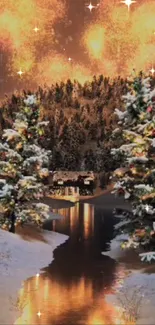 Snowy cabin with glowing sky and trees.