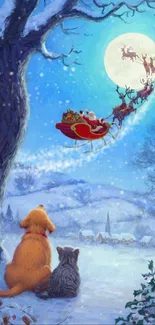 A dog and cat watch Santa's sleigh under a moonlit winter sky.