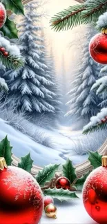 Winter scene with snow and red ornaments in a forest setting.