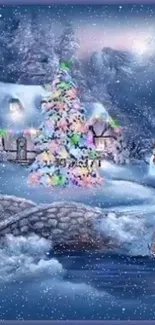 Snowy village with Christmas tree and snowfall in winter wonderland scene.