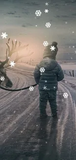 Child with reindeer walking on snowy path under twilight sky.