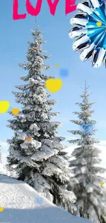 Snowy trees with hearts in winter scene wallpaper.