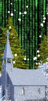 Winter chapel with snow and Matrix-style green code backdrop.