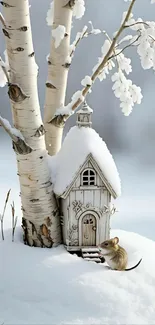 Miniature house and mouse in snowy birch forest.