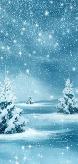 Magical winter scene with snowy trees and sparkling stars in serene blue tones.