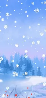 Winter wallpaper with snowflakes and forest landscape.