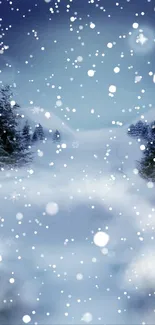 Snowy forest scene at night with falling snowflakes.