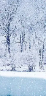 Snow-covered trees and lake in winter landscape.