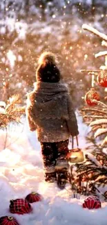 Child walking through snowy forest with festive lights and decorations.