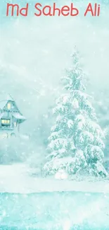 Serene winter landscape with snow-covered trees and a lit cottage.