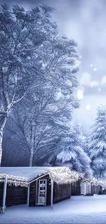 Snowy winter forest scene with illuminated huts.