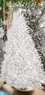 Snowy Christmas tree with festive decor in winter setting.