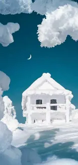 Snowy cabin with frosty trees under a crescent moon at dusk.