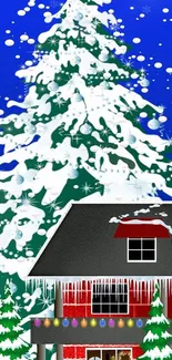 Snowy cabin and tree mobile wallpaper with holiday decorations.