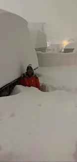 Person in a snowy neighborhood, surrounded by deep snowdrifts.