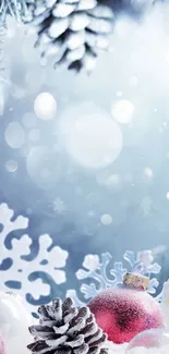 Winter scene with snowflakes and ornaments on a mobile wallpaper.