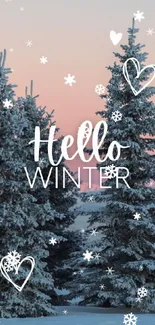 Snow-covered trees with snowflakes and 'Hello Winter' text.