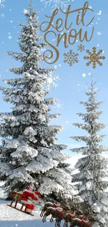 Snowy scene with trees, Santa, and reindeer in winter landscape.