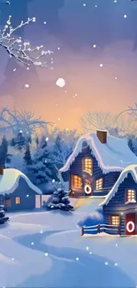 Snowy landscape with cozy cabins and sunset glow.