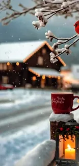 Snowy landscape with cabin and cardinal perched on a snowy branch.