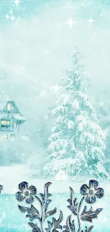 Winter wonderland wallpaper with snow and cabin.