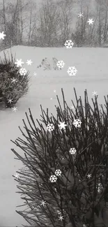 Snow-covered landscape with trees and bushes in winter.