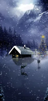 Snowy cabin and forest under a moonlit winter sky with Christmas tree.