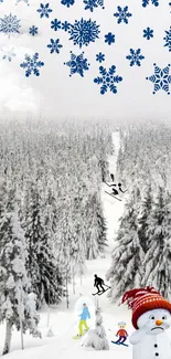 Snowy forest with skiing and snowman, winter wallpaper.