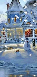 Victorian house in winter with snowman and festive lights.